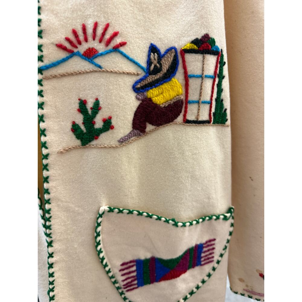 🧥 Vintage Lopez M Wool Jacket Cream Southwestern Embroidered Western Boho Coat - Picture 4 of 8